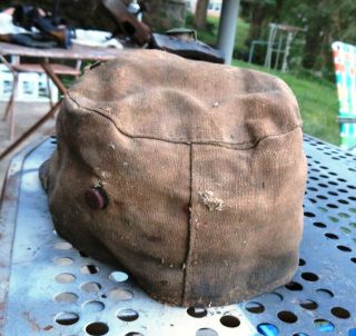 VINTAGE CLOTH MINERS HAT WITH Autolite CARBIDE LIGHT Leather bill Worn 2