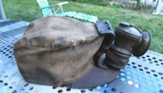 VINTAGE CLOTH MINERS HAT WITH Autolite CARBIDE LIGHT Leather bill Worn 3