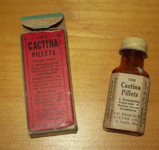 Old Advertising Medicine Bottle & Box Cactina Pillets Od Peacock Sultan St Louis