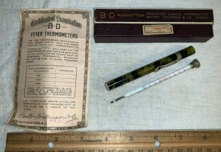 Antique B - D Manhattan Pocket Thermometer Bakelite Case Box Advertising Medicine
