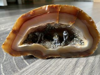 Agate Geode Crystal Rock Formation Depicting Mine Scene With Pewter Miners