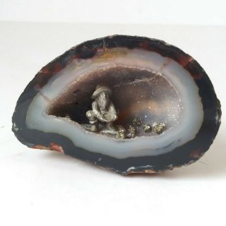 Agate Geode Crystal Rock Formation Depicting A Mine With Pewter Miner Fools Gold