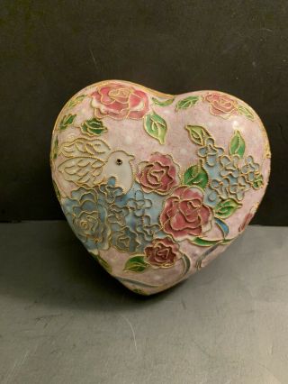 Vtg Brass Trinket Box With Handpainted Enamel Heart Shape ❤️roses,  Love Bird Lid