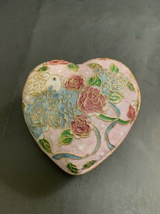 VTG Brass Trinket Box with Handpainted Enamel Heart Shape ❤️Roses,  Love Bird Lid 3