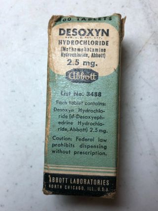 Vintage Desoxyn (methamphetamine Hcl. ).  Empty Amber Bottle Abbott Drug 2.  5mg Tab