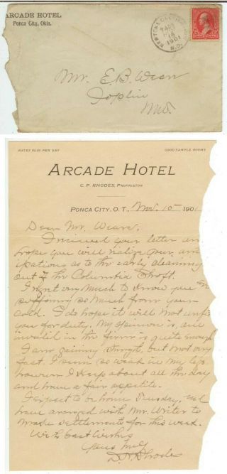 1901 Ponca City Oklahoma Territory Mining Letter D H Rhodes Columbia Shaft