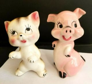 Set Of 2 Vintage 1950s White Cat,  Pink Pig Animal Statue Figures Stamp Japan