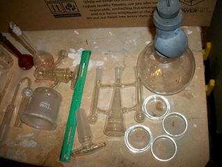 Box full of vintage pyrex lab glass,  Flasks,  etc. ,  red pyrex,  petri dish 3