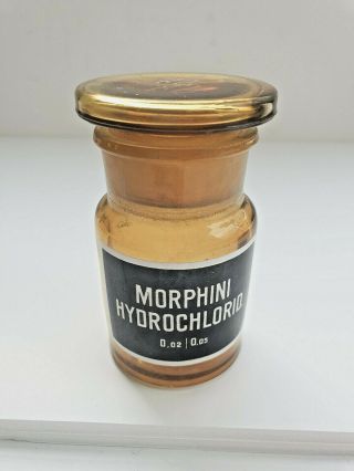 Morphini Hydrochlorid,  Vintage Glass Apothecary Pharmacy Brown Jar,  50 Ml,  Cap
