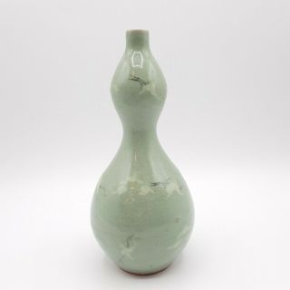 Vintage Korean Celadon Green Bulbous Bud Vase Birds And Clouds Signed 7.  5 "