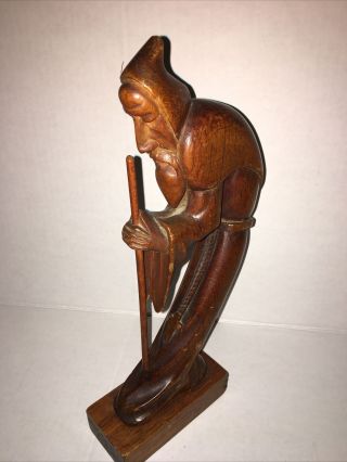 Vintage Wood Carved Hooded Monk With Rosary And Staff