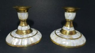 2 Vintage Brass Mother Of Pearl Abalone Shell Inlay Candle Stick Holders