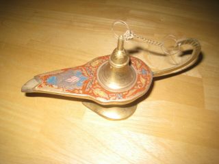 Vintage Lacquered Brass Aladdin Genie Oil Lamp Or Incense Holder Paint Accents