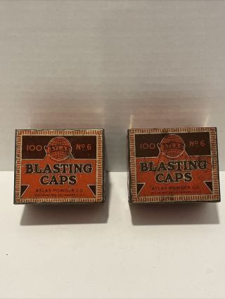 Two Vintage Atlas Powder Co Blasting Caps Empty Tins - Wilmington,  De - 100 No.  6