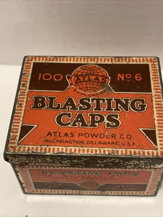 Two Vintage Atlas Powder Co Blasting Caps Empty Tins - Wilmington,  DE - 100 No.  6 3