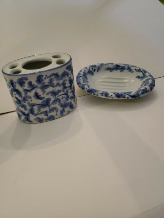 2 Pc.  Vintage Andrea By Sadek Blue White Ceramic Porcelain Floral Thailand Euc