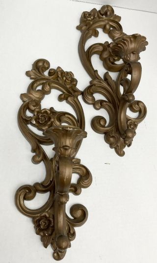 Pair Homco Plastic Gold Colored Wall Sconce Candle Ornate Flowers