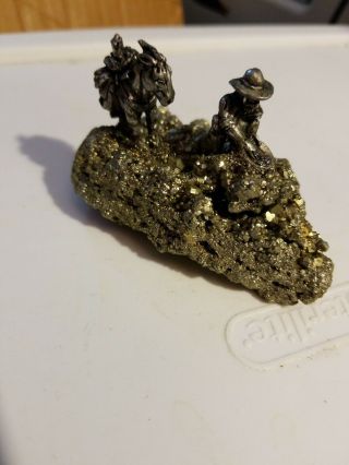 Pewter Panner & Pack Mule On Pyrite Stone - Pyrite Educational Mineral Gift