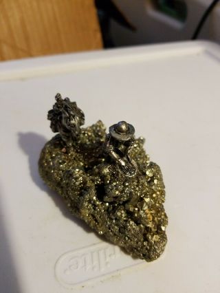 Pewter PANNER & Pack Mule on pyrite stone - pyrite educational mineral gift 2