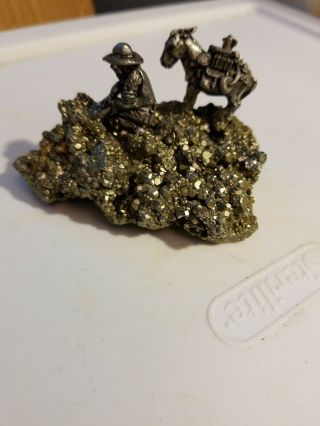 Pewter PANNER & Pack Mule on pyrite stone - pyrite educational mineral gift 3