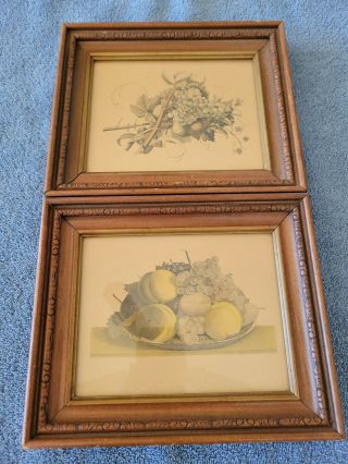 Pair Antique Picture Frame W/ Fruit Still Life Art Print,  Carved Wood Frames