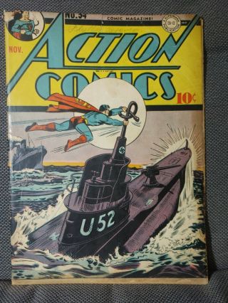 Action Comics 54 (11/42) Nazi Submarine Cover By Jack Burnley | G