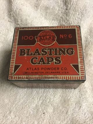 Vintage Atlas Powder Co Blasting Caps Empty Tin Box - 100 No.  6