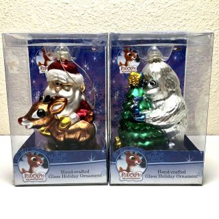 2 Rudolph The Red Nose Reindeer Holiday Glass Ornaments 1992 - Snowman And Santa