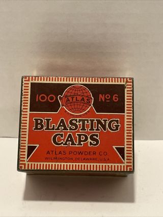 Vintage Atlas Powder Co Blasting Caps Empty Tin - Wilmington,  De - 100 No.  6
