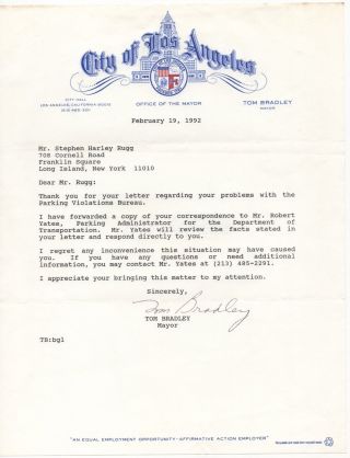 Tom Bradley - 38th Mayor Of Los Angeles - Autographed Letter (tls),  1992