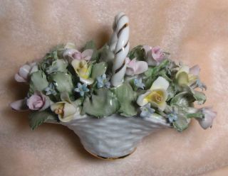 Vintage Miniature Capodimonte Basket Of Flowers 2 By 4 Inches Item N.  77