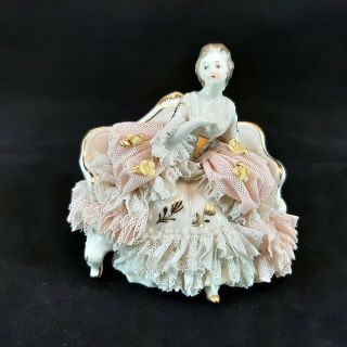 Antique German Porcelain Victorian Lady On A Couch With Dresden Lace Pink Dress