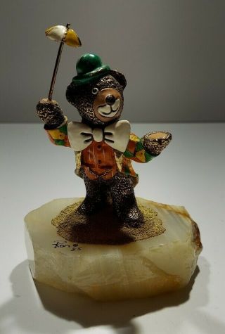 1985 Ron Lee 5 1/2 " X 4 3/4 " Clown Bear With Umbrella 24k Plated And Trim