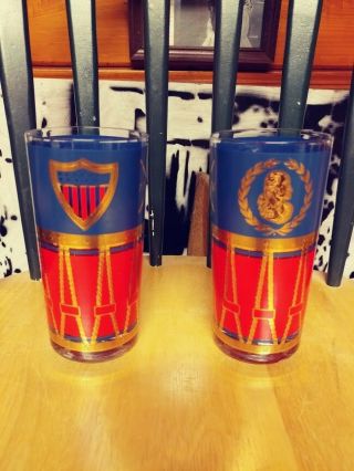 2 Vintage Bicentennial Drum Glasses Bright Red Blue Gold Washington Shield 1776