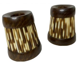 African Curio Shop 3 " Olive Wood / Porcupine Quills Candleholders