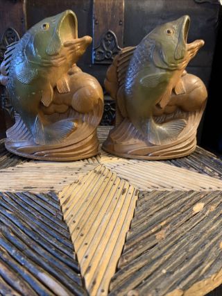 Wooden Large Mouth Bass Fish Bookends Cabin Lake Rustic Fisherman Decor Vintage