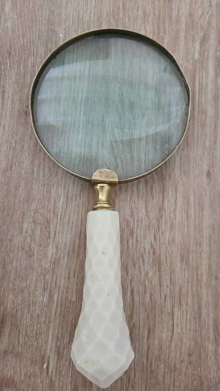 Antique Vintage Brass Magnifying Glass White Handle 8 " Long 4 " Wide Magnifier