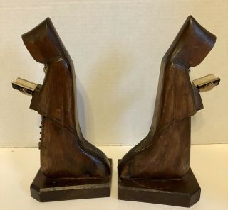 Vintage Monk Bookends Hand - Carved Out Of Wood.  Two Monk 