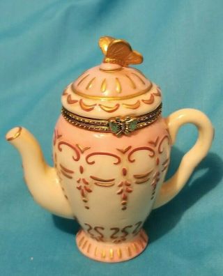 Vintage Teapot Shaped Trinket Box With Butterfly On Top Pristine