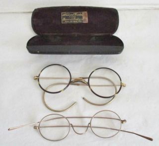 2 Pairs Antique Spectacles / Glasses Faux Tortoiseshell Round G/p,  Wire Framed