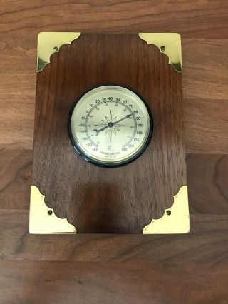 Vintage Thermometer Solid Hard Wood With Brass Corners Made In Usa