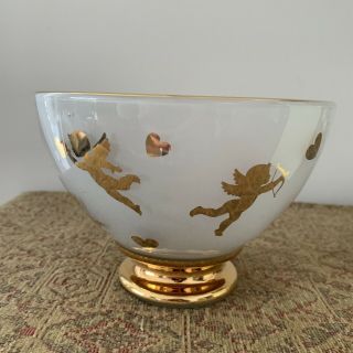 Teleflora Cherub Cupid Hearts & Arrows Frosted Glass Vase 5.  5 " Gold Tone Trim