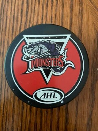 Lowell Lock Monsters Official Hockey Puck Defunct Ahl Team Inglasco With Case