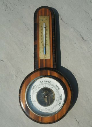Antique Vintage Aneroid Barometer 6” Diameter Glass And Wood Wall Hanging 14 " L