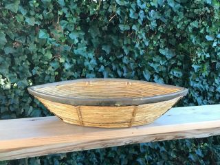 20 " Vintage Reed Straw Boat Shape Basket Brass Metal Primal Edging