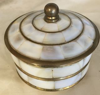 Vintage Mother Of Pearl And Brass Trinket Jewelry Box Made In India