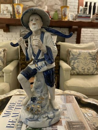 Vintage Blue And White Chinese Oriental Asian Man Statue Figurine 11”