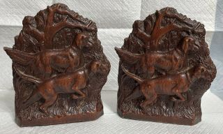 Vintage 6 1/4” Syroco Wood Hunting Dogs Dog Bookends Art Deco Wooden