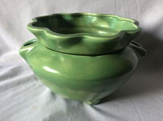 Vintage Mid Century 2 Piece Green Glazed Ceramic Flower Pot Planter - Unique