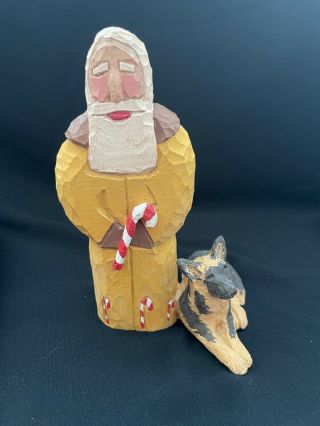 Hand Carved Wood /resin Folk Art Santa With German Shepherd - Signed Gunther